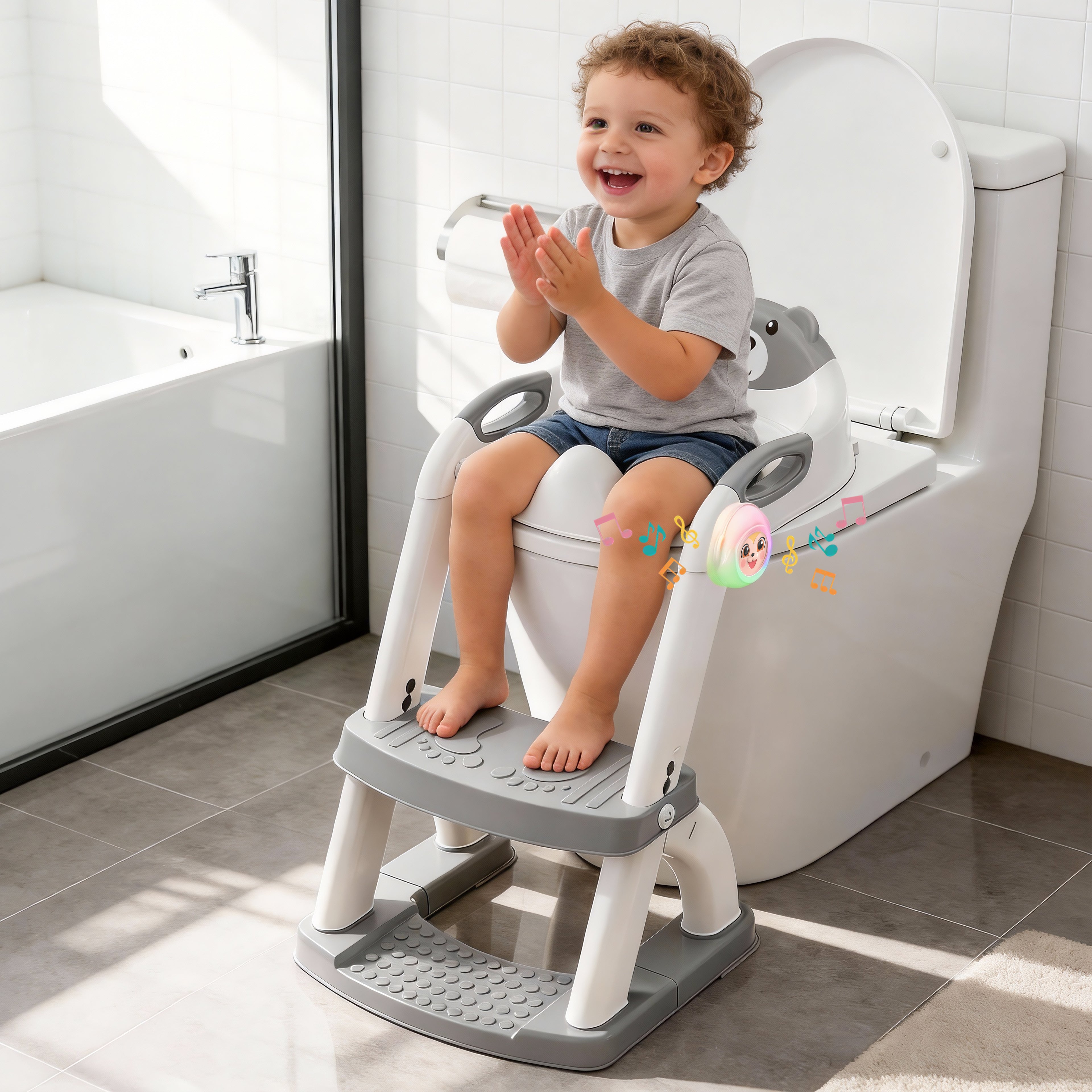 SKYROKU 8898 Toilettensitz mit Treppe grau 2in1 Musik