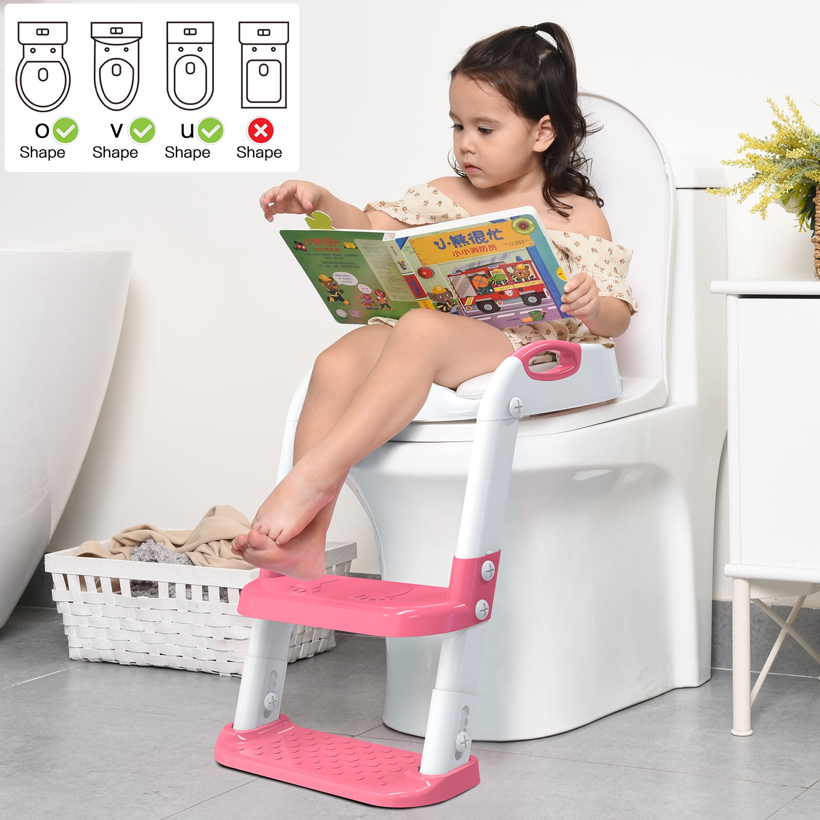 SKYROKU 8839 Toilettensitz mit Treppe Pink Doppelpedal