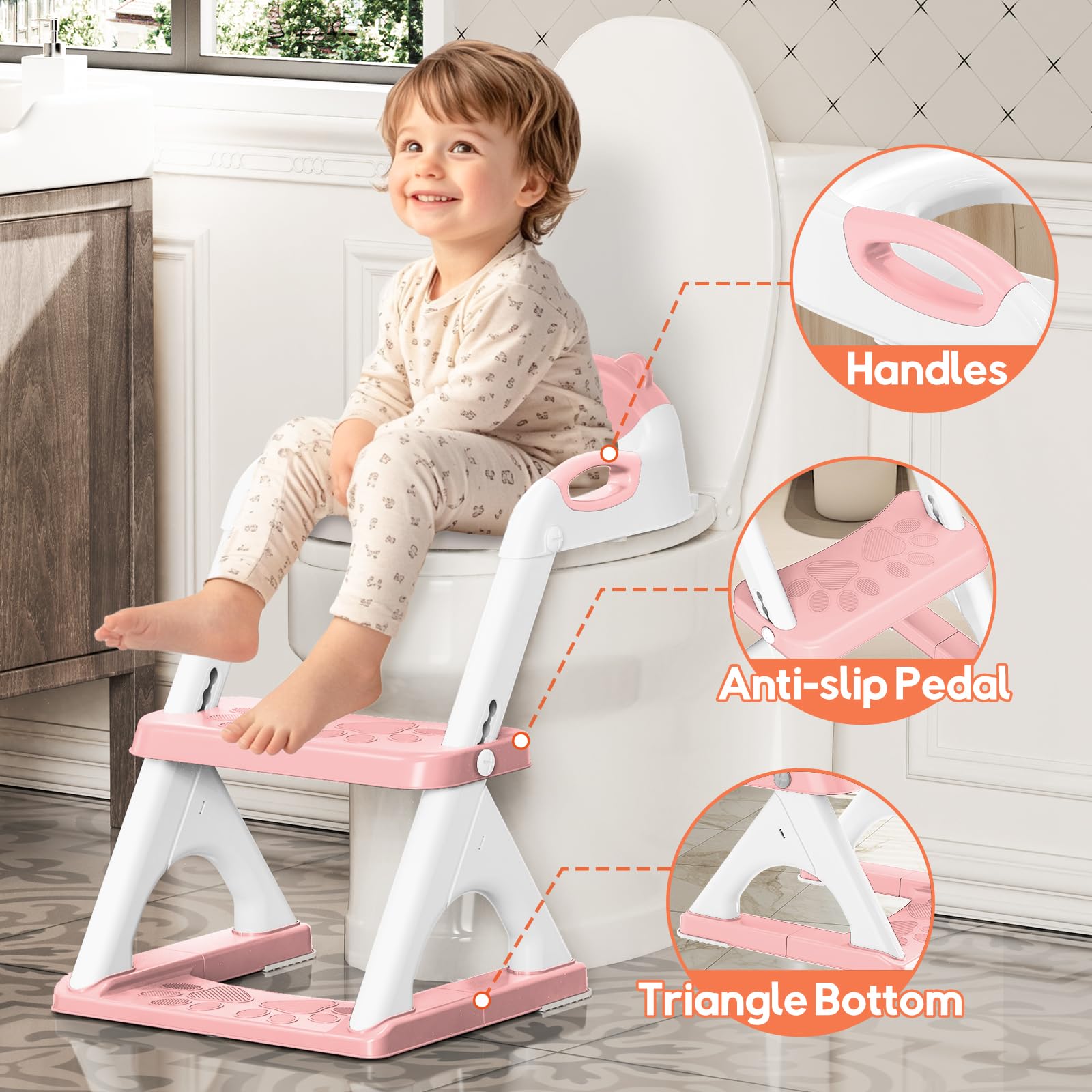 SKYROKU 8899 Toilettensitz mit Treppe rosa 2in1