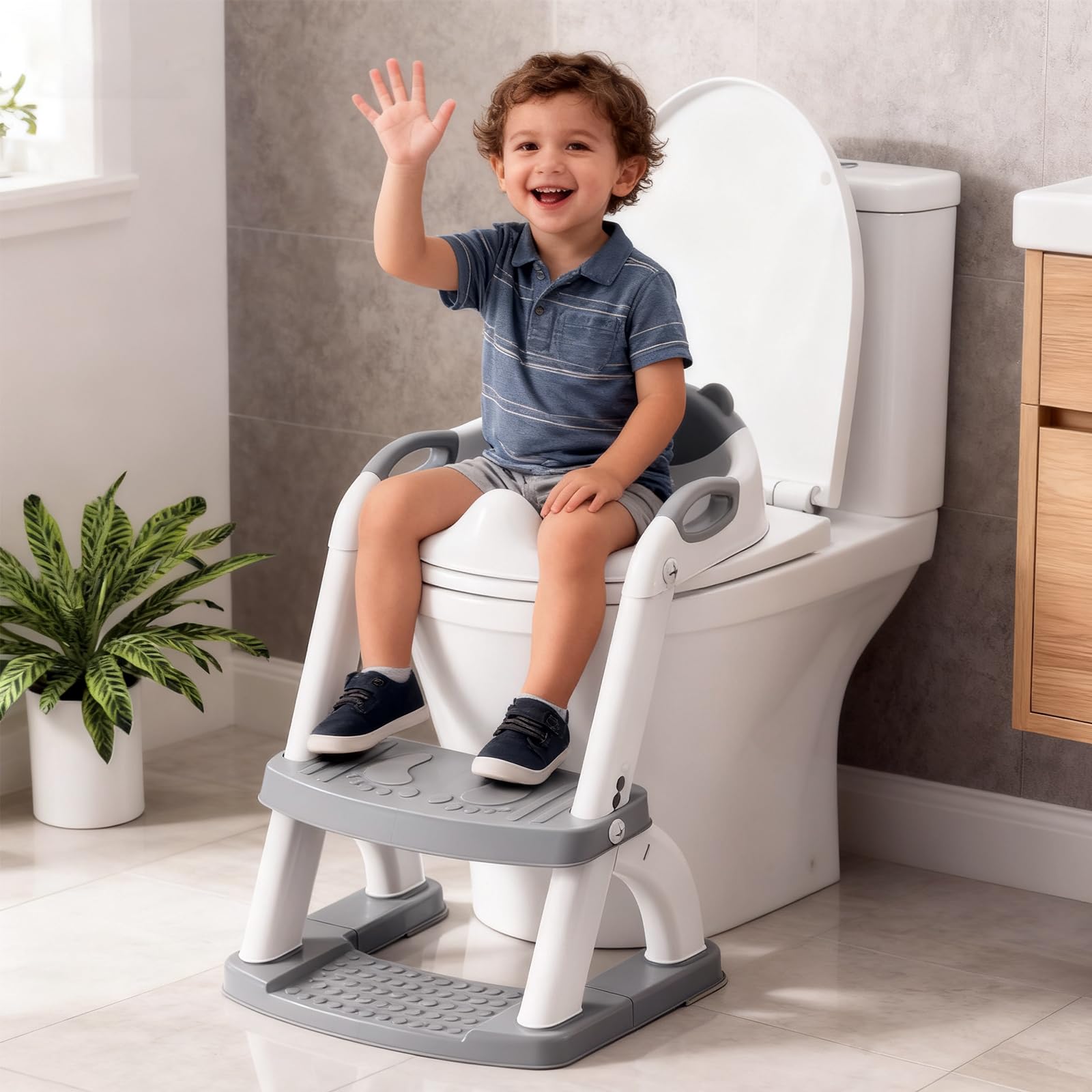 SKYROKU 8898 Toilettensitz mit Treppe Grau faltbar