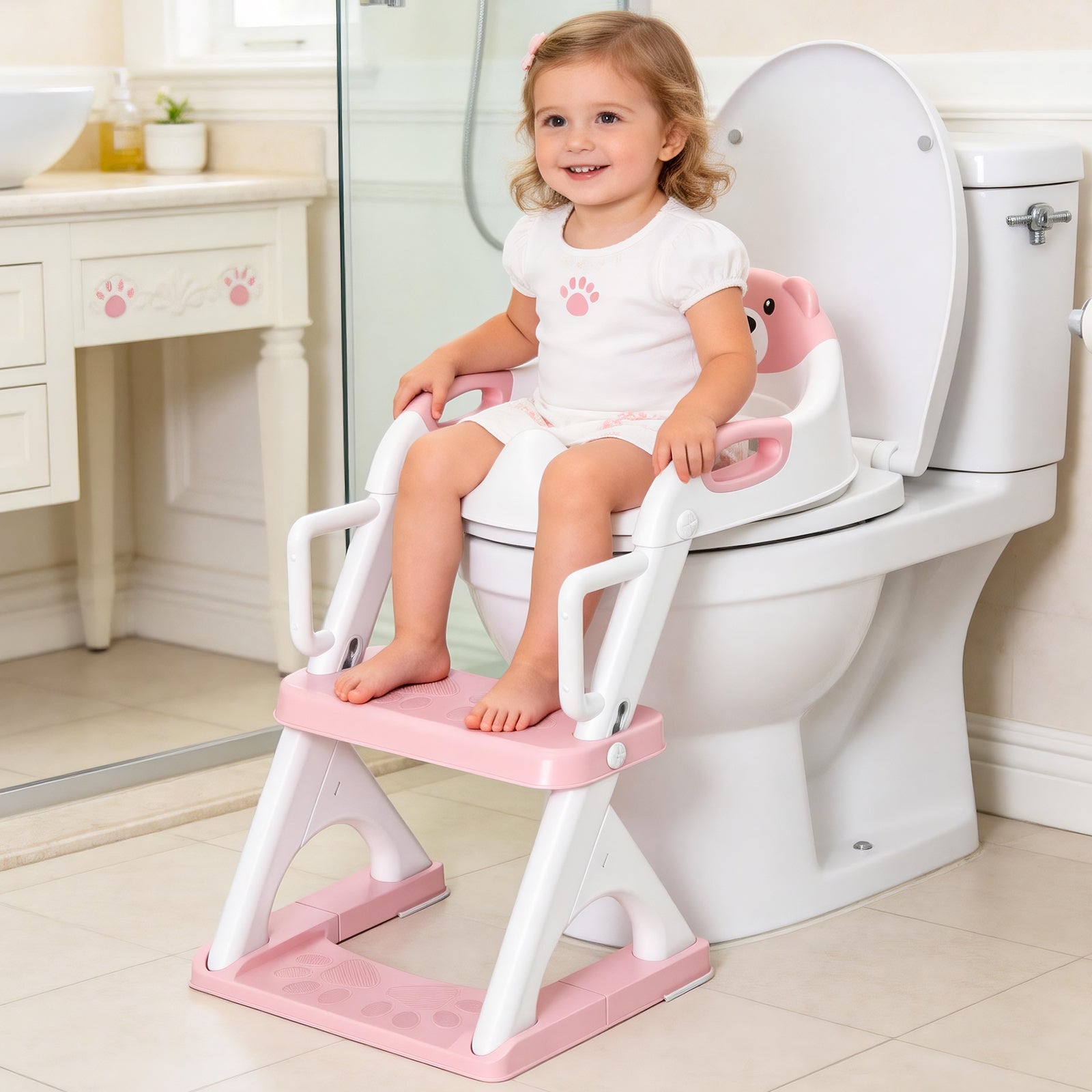 SKYROKU 8899Pro 2in1 Toilettensitz mit Treppe Pink Kunststoff