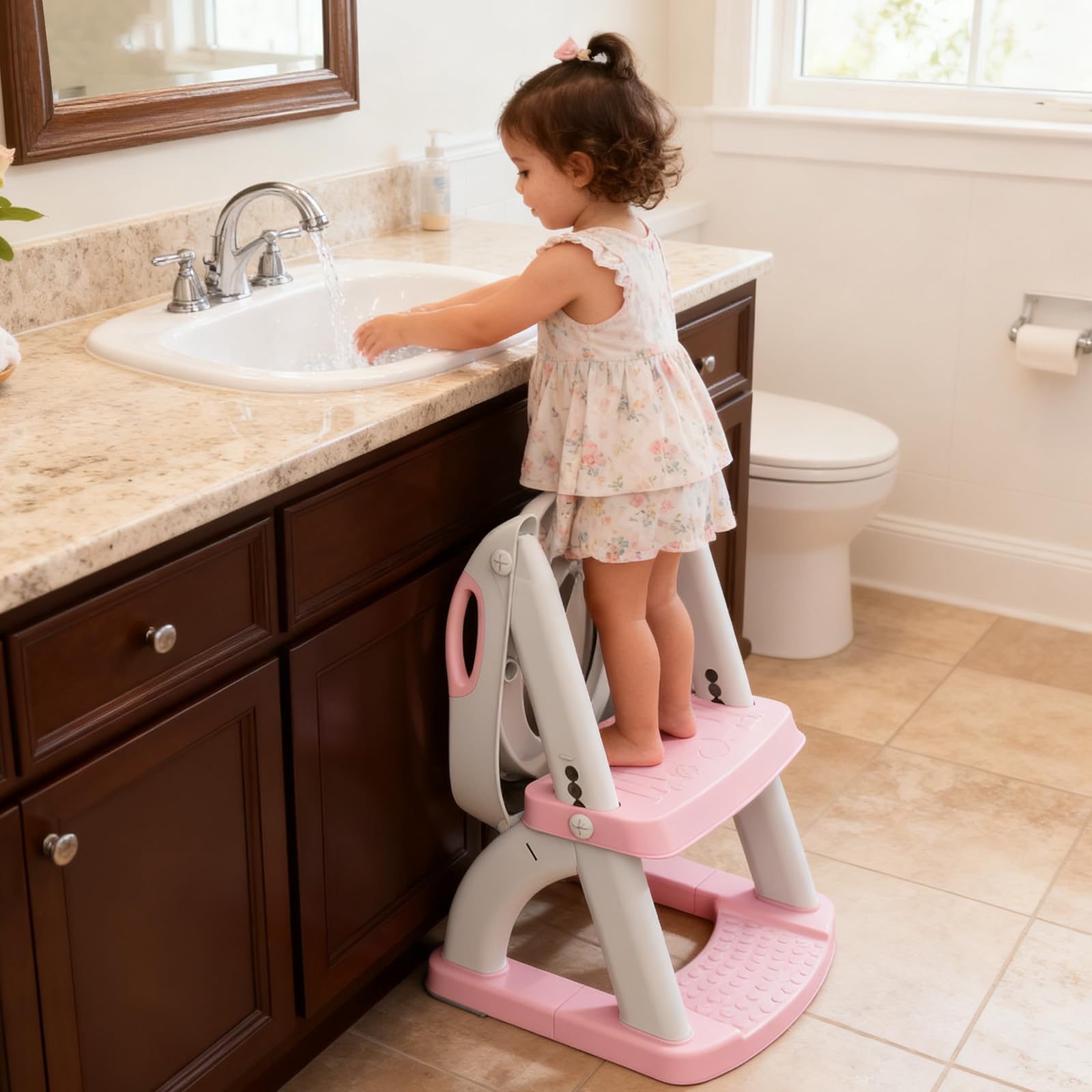 SKYROKU 8898 Toilettensitz mit Treppe Rosa klappbar