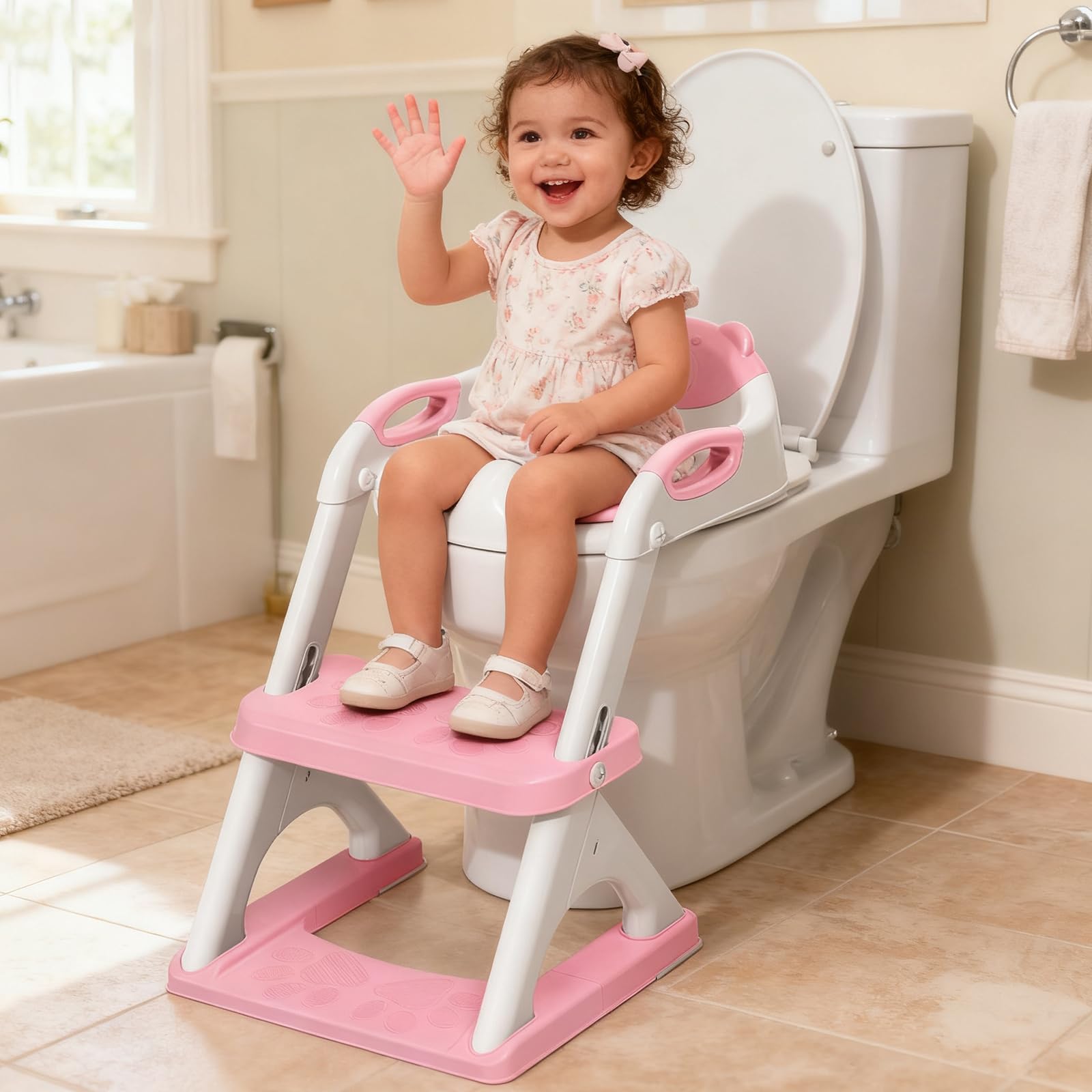 SKYROKU 8899 Toilettensitz mit Treppe rosa 2in1