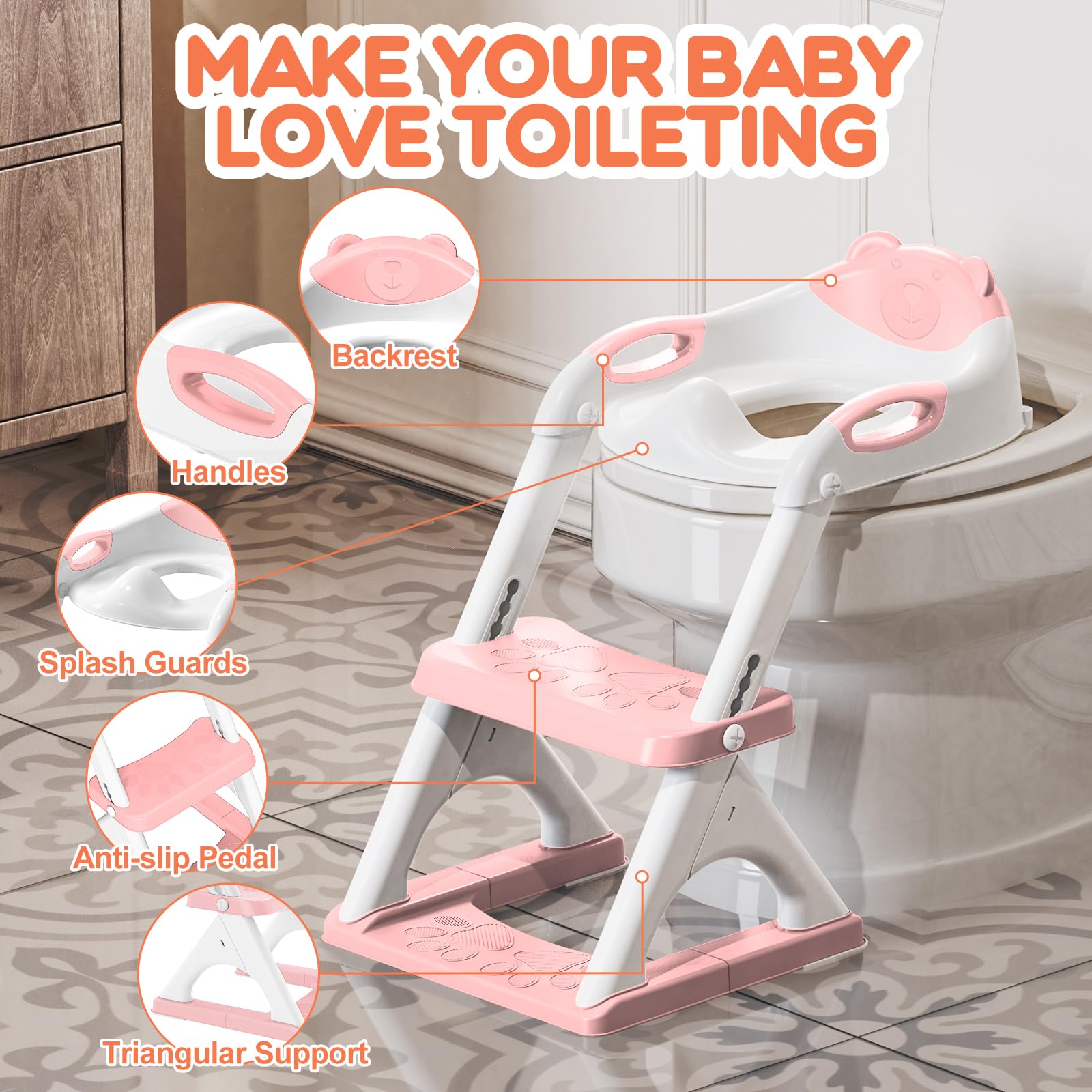 SKYROKU 8899 Toilettensitz mit Treppe rosa 2in1