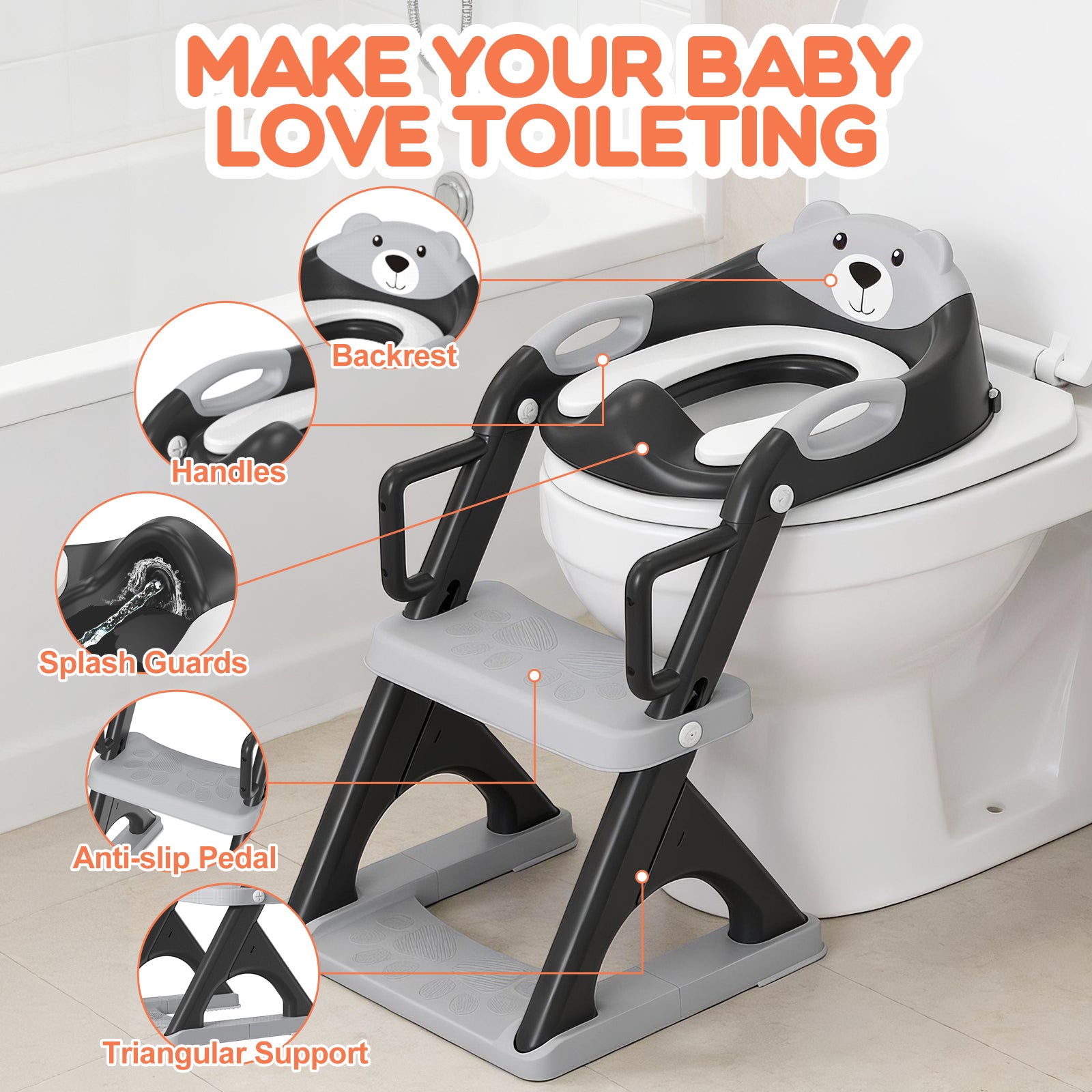 SKYROKU 8899Pro 2in1 Toilettensitz mit Treppe Schwarz rutschfest