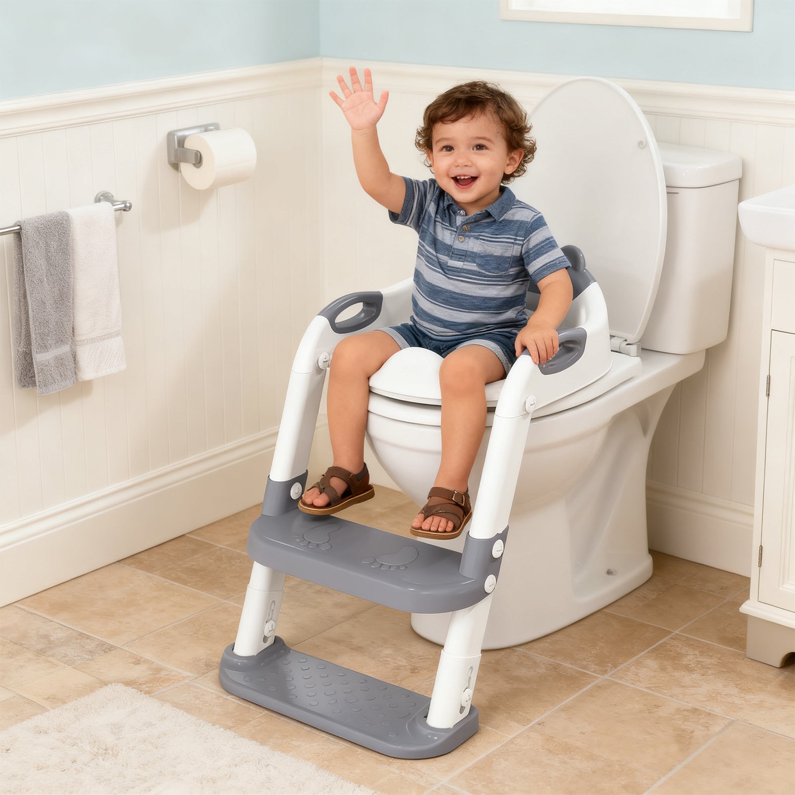 SKYROKU 8839 Toilettensitz mit Treppe Grau Doppelpedal