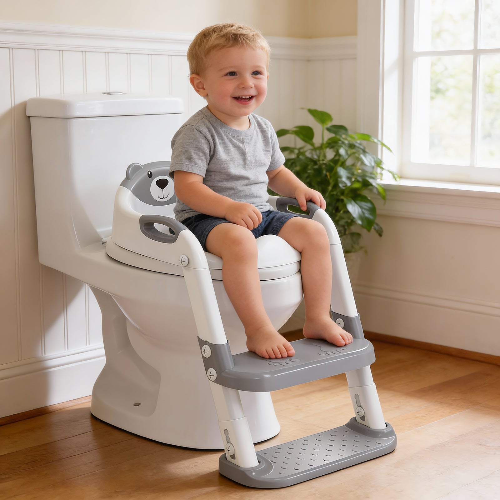 SKYROKU 8839 Toilettensitz mit Treppe Grau Doppelpedal