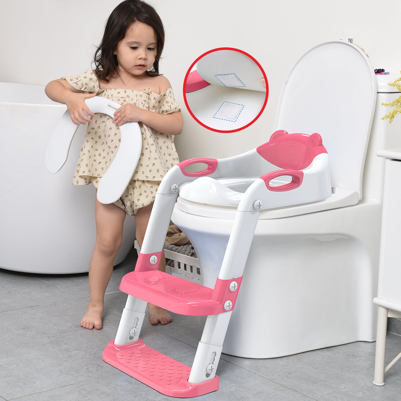 SKYROKU 8839 Toilettensitz mit Treppe Pink Doppelpedal